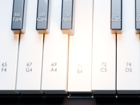 The Blender render from above: key 71, B4, is lit and pressed down
